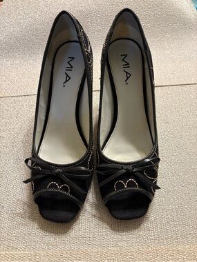 MIA Black Peep-Toe Heels with Bow Accent